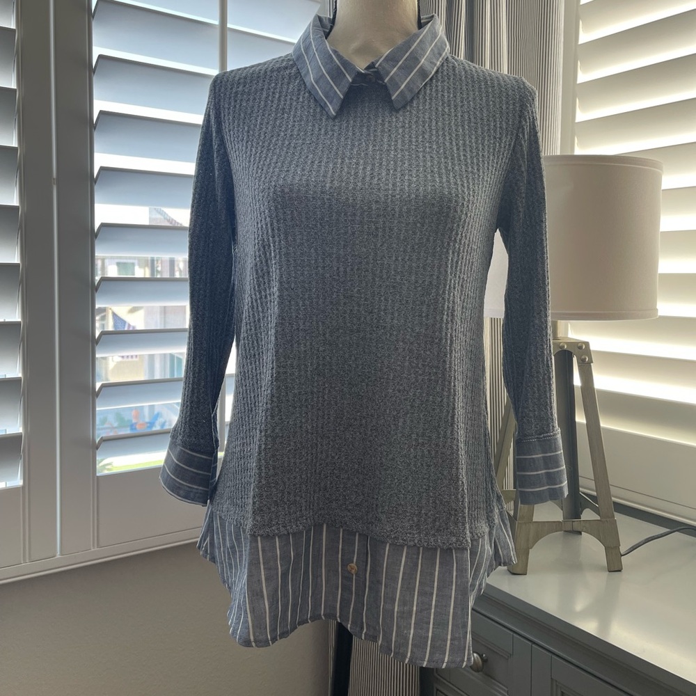 Mixed media, layered look sweater top.